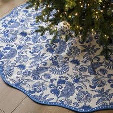 48 Inches Christmas Tree Skirt Blue Floral Block Print Xmas Tree Skirt Cotton Se