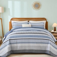 Quilt Queen Size Blue, 3 Pieces Boho Striped Bedspread Bedding for Queen Size