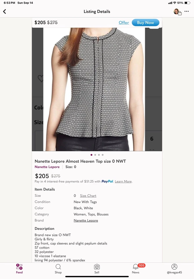 Nanette Lepore Classy Black & White Tailored Cap Sleeve Zip Blouse Shirt size 4 - Image 3 of 4