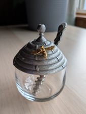 Salisbury Pewter Glass Honey Pot with Stirrer Bee Hive Lidded Made in USA