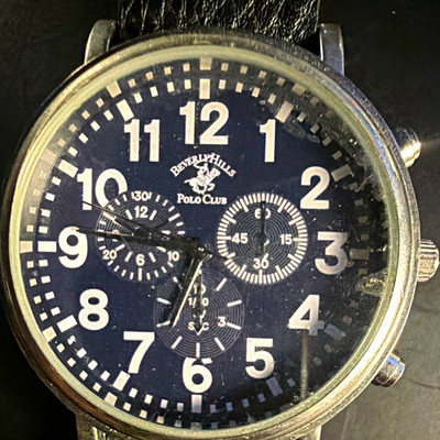 Beverly Hills Polo Club Men's Chronograph Quartz Black Dial Silver Case Leather