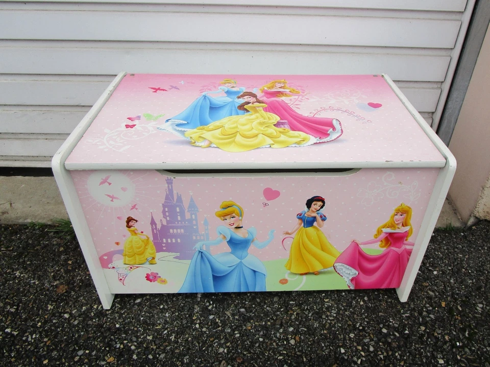 COFFRE A JOUETS DISNEY, EN BOIS DECOR PRINCESSE, DECOR PEINT,  BLANC - Photo 2/4