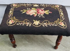 Vintage Floral Needlepoint Footstool with Solid Wood Legs