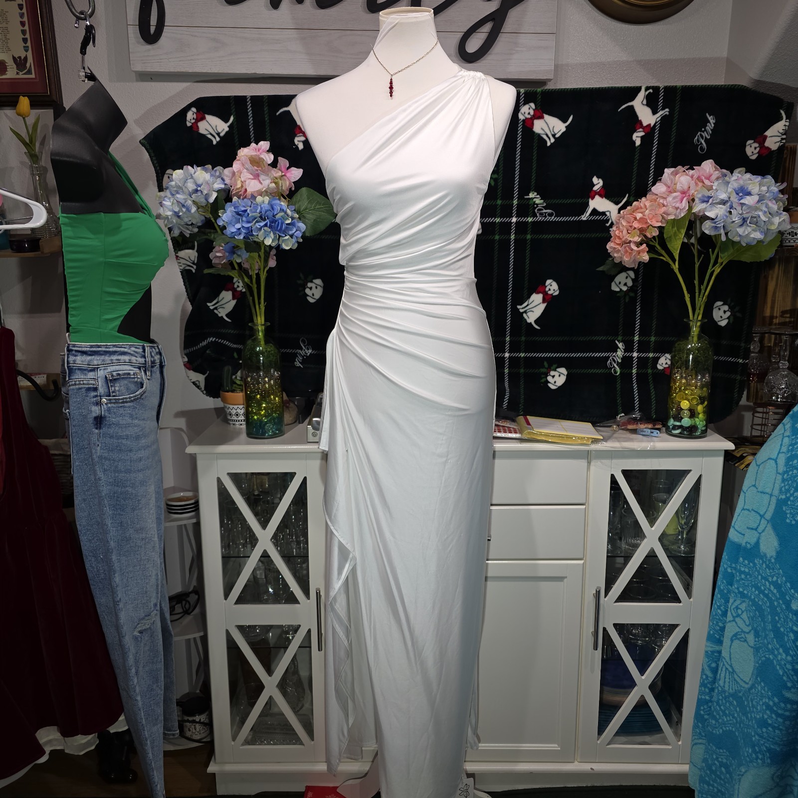 OYS Size S White One-Shoulder Ruched Maxi Dress