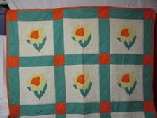 Vintage 1940's Quilt yellow orange nile green Applique Daffodils Flowers