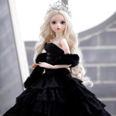 1/3 BJD Doll Girl Face Makeup Eyes Wig Shoes Full Set Black Wedding Dress Gift