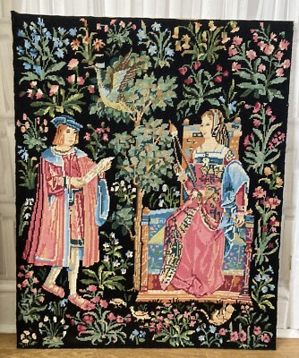 Vintage Royal Paris fertiger Wandteppich Nadelspitze ''La Lecture'' groß 80 cm