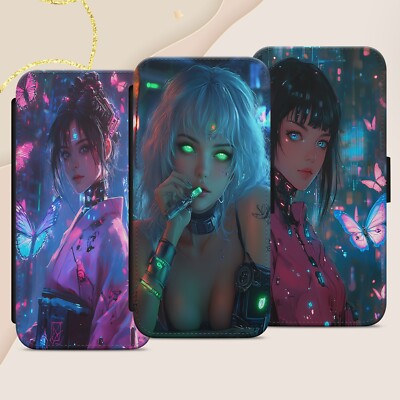 Anime Girl Cyber Handy Hülle Cover für iPhone Samsung Pixel Flip Wallet Cover