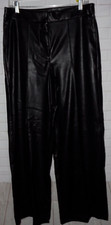 Nine West Womens Faux Vegan Leather Pants Sz 12 Black Fly Front Pockets Wide Leg
