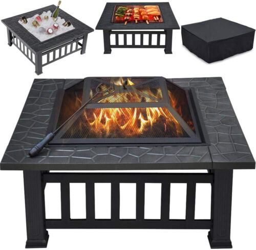 Multifunctional Fire Pit Table 32in Square Metal Firepit Stove Backyard New - Picture 1 of 7