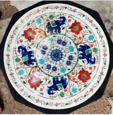 18'' White Marble Table Top Coffee Center Inlay Lapis Mosaic Home Decor elephant