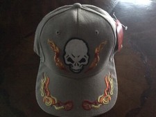 SKULL FLAMES BEIGE BASEBALL CAP EMBROIDERED BIKER HAT With WHITE EDGE