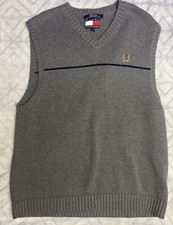 Vtg Tommy Hilfiger Sweater Vest Gray 100 Cotton Golf V Neck Big Logo Mens LG