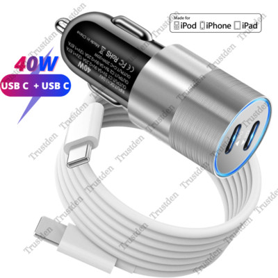 40W USB C Fast Car Charger Adapter Socket PD Cable For iPhone 14 13 12 11 XR 8 X