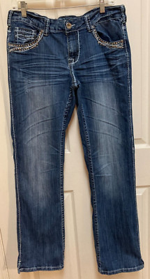COWGIRL TUFF Womens STUDDED BARBED WIRE Embroidered Blue Denim Jeans (32x33)