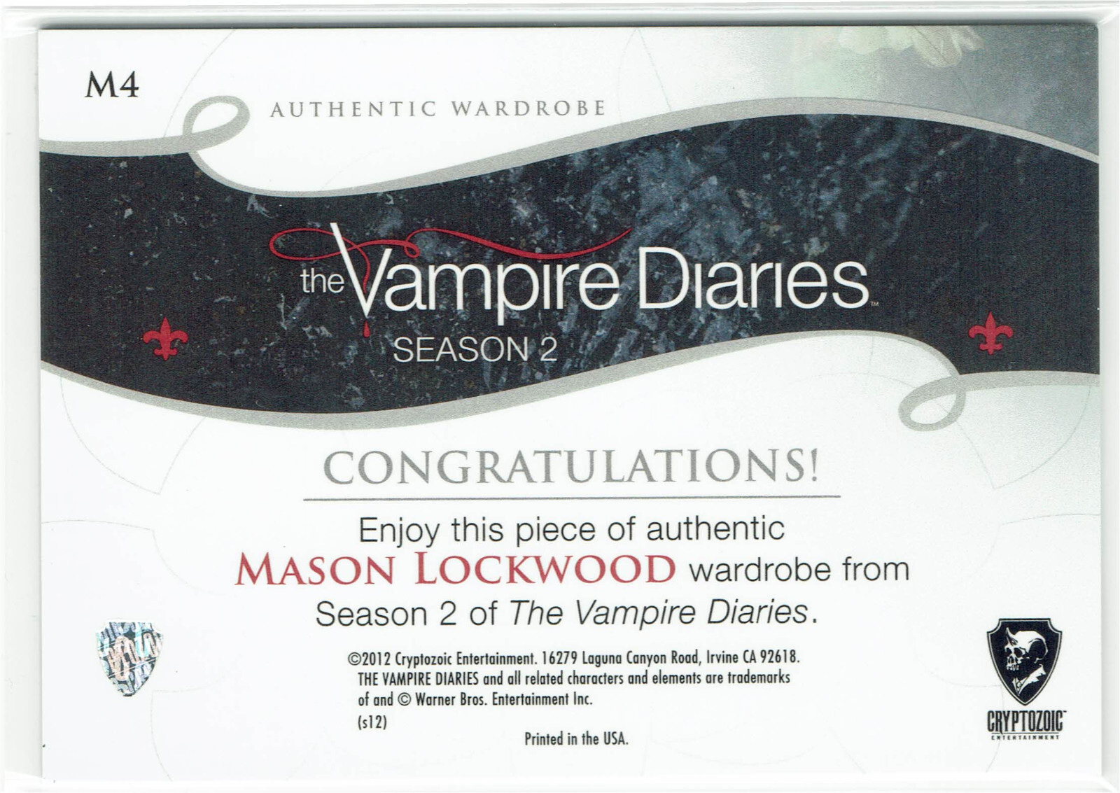 Vampire Diaries Season 2 Wardrobe Relic Card M4 Taylor Kinney as Mason