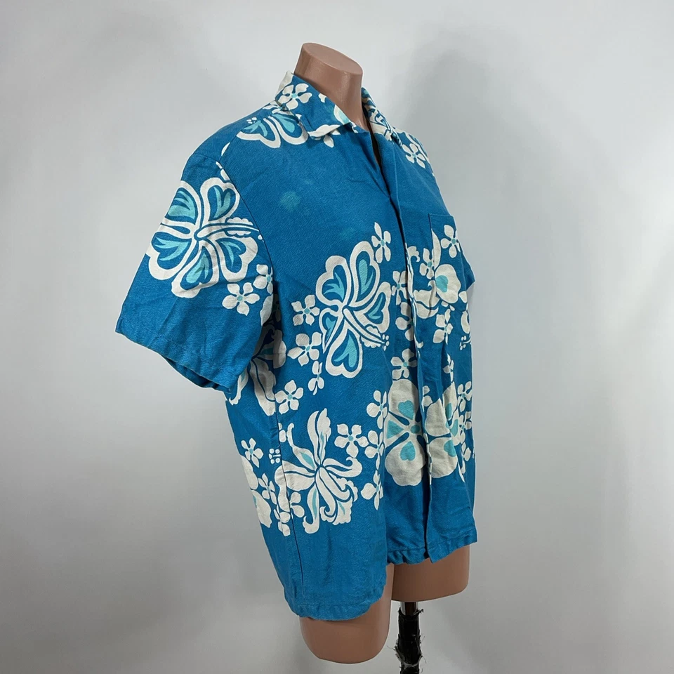 Sears Hawaii Vintage 60s 70s Hawaiian Shirt Psychedelic Blue Floral M/L - Image 3 of 4