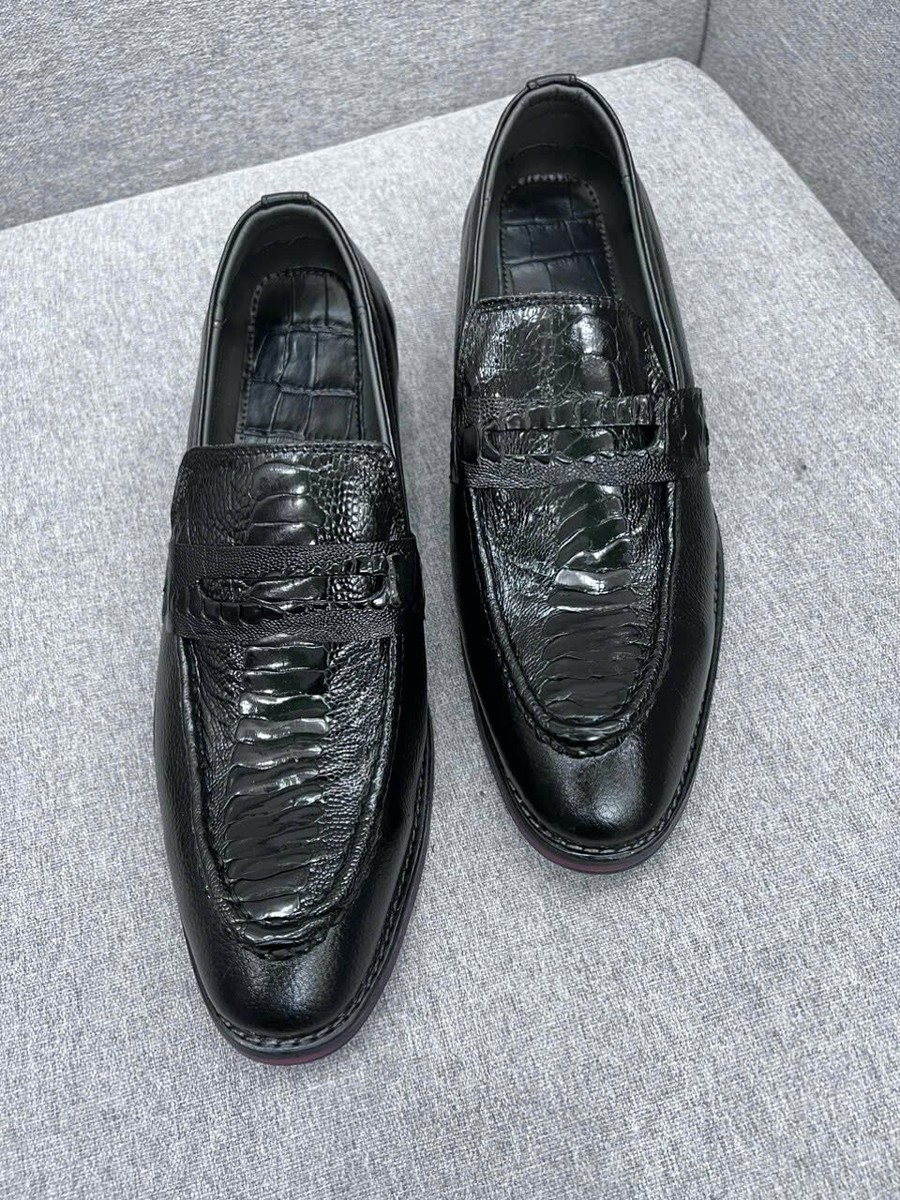Vintage Black Exotic Ostrich Leg Lizard Leather Loafers Mens 8 Dress Shoes Ostrich loafers li_andrade - Gem main image 2