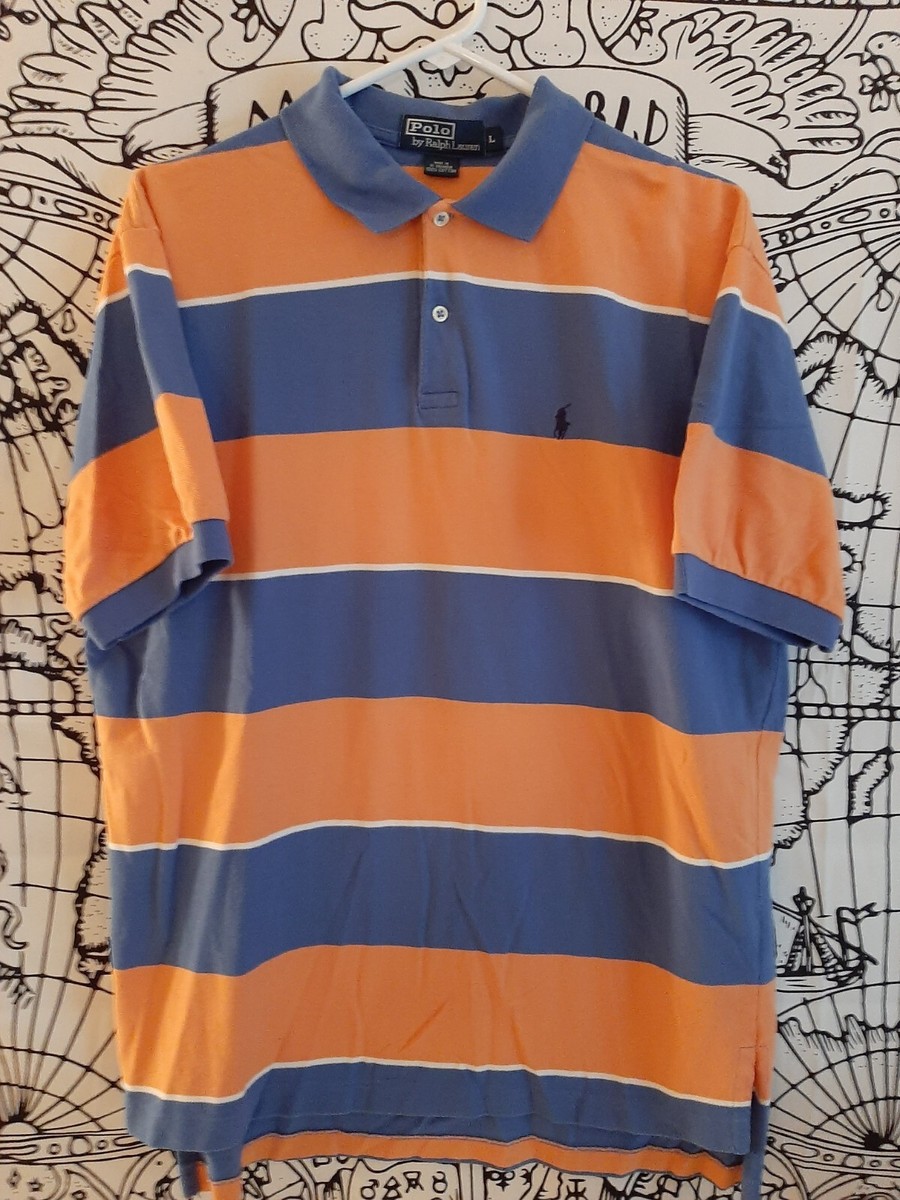 Vintage Polo Shirt Ralph Lauren Mens LG Big Stripes Orange Vintage Polo Shirt Ralph Lauren Mens LG Big Stripes Orange