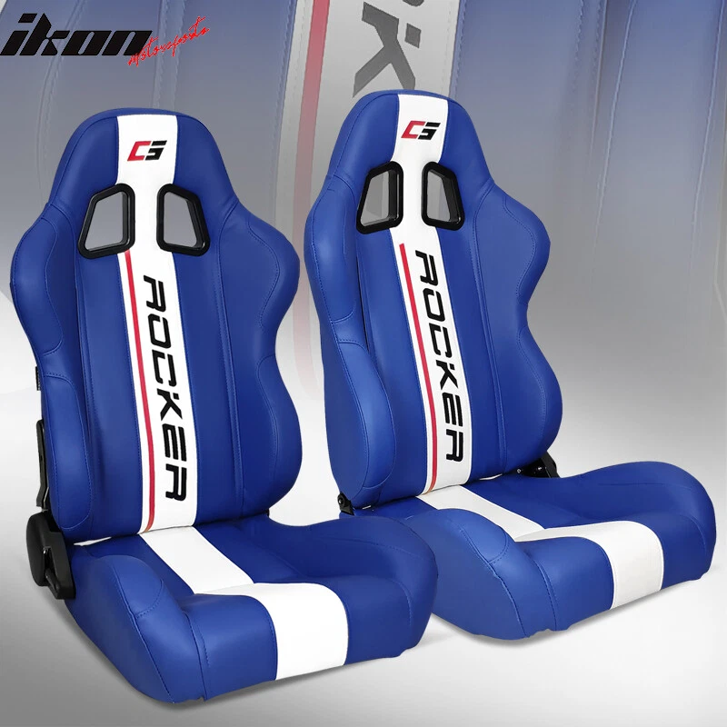 Universal Pair Reclinable Racing Seat Dual Sliders Blue PU Leather White Stripe