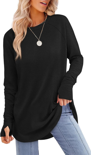 Womens Tunic Tops to Wear with Leggings Long Sleeve Thumb Hole Shirts Crew Neck