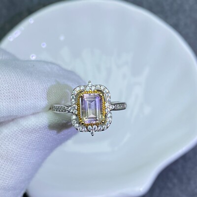 Natural Ametrine Emerald Cut S925 Sterling Silver White Gold Plated Ring
