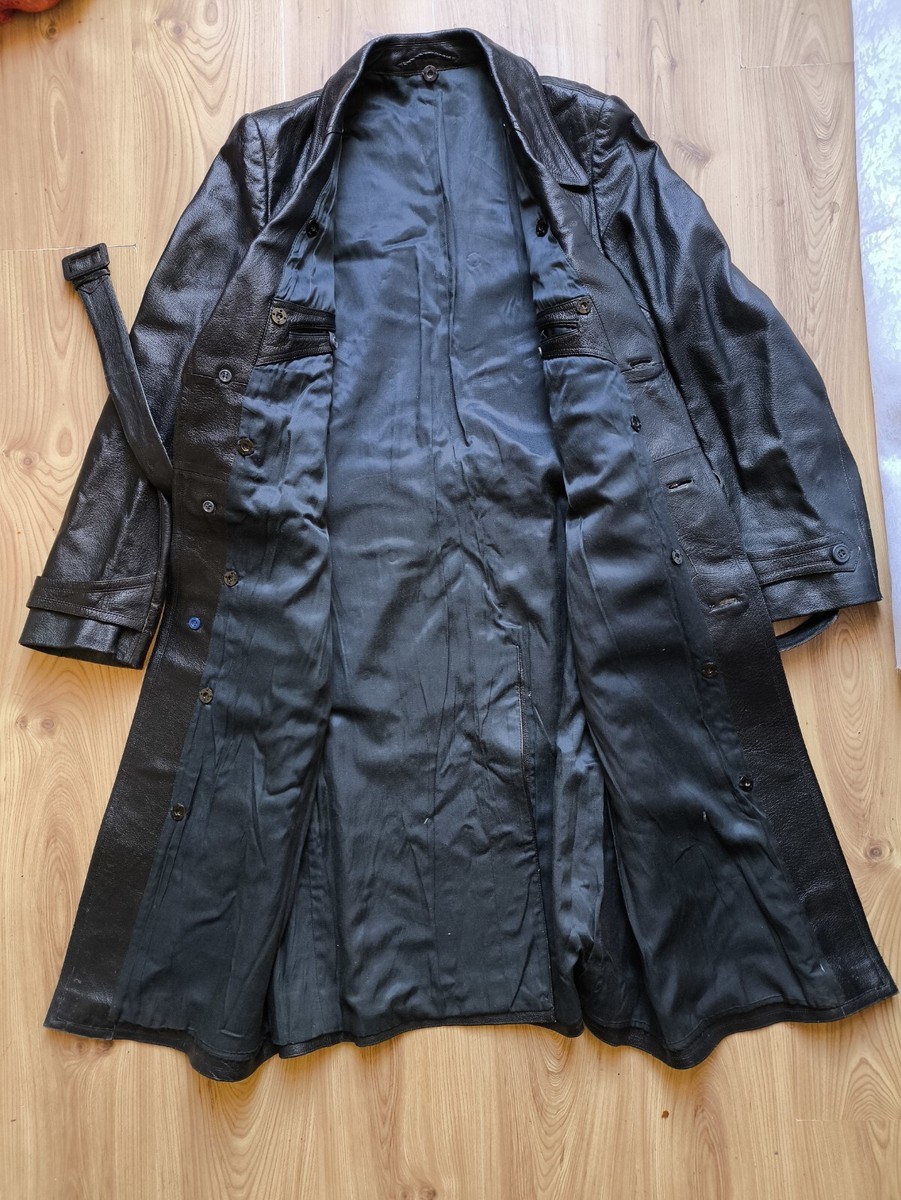 Vintage Soviet Military Uniform Leather Trench Coat KGB Officer