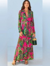 Farm Rio Boho Tropical Print Long Sleeve Maxi Dress in Fuchsia Size Small