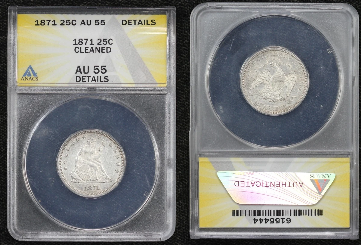 ANACS Grade AU 55 Seated Liberty US Quarters (1838-1891) for sale