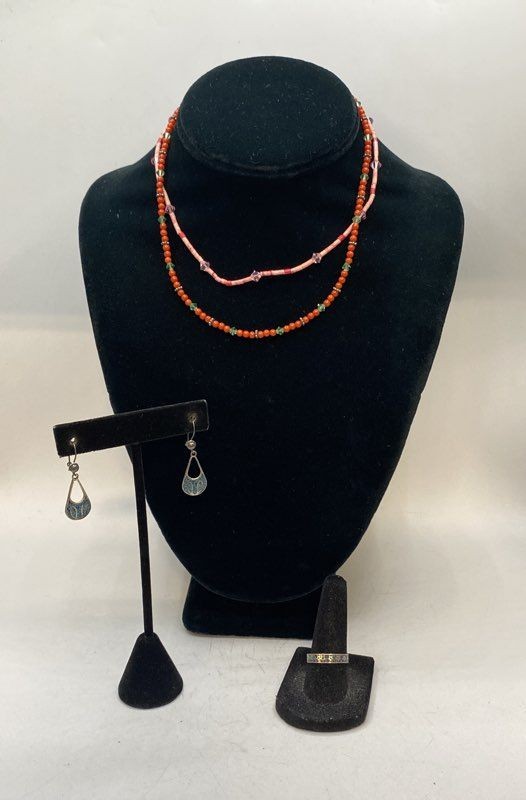 Sterling Silver 925 Turquoise Beaded Necklace Earrings Ring Jewelry Lot of 4