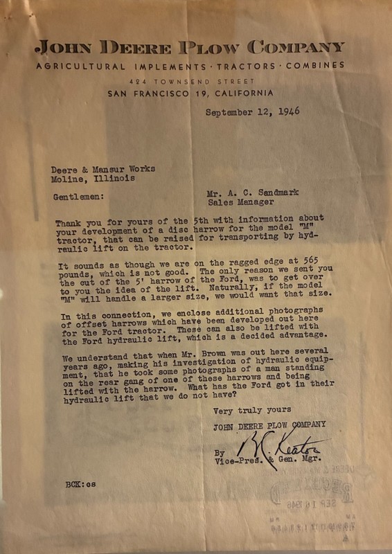 Original Letter from Vice-Pres. & Gen. Manager John Deere 1946