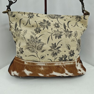 MYRA Bag Crossbody Beige Floral Leather Handbag Adjustable Calf hair