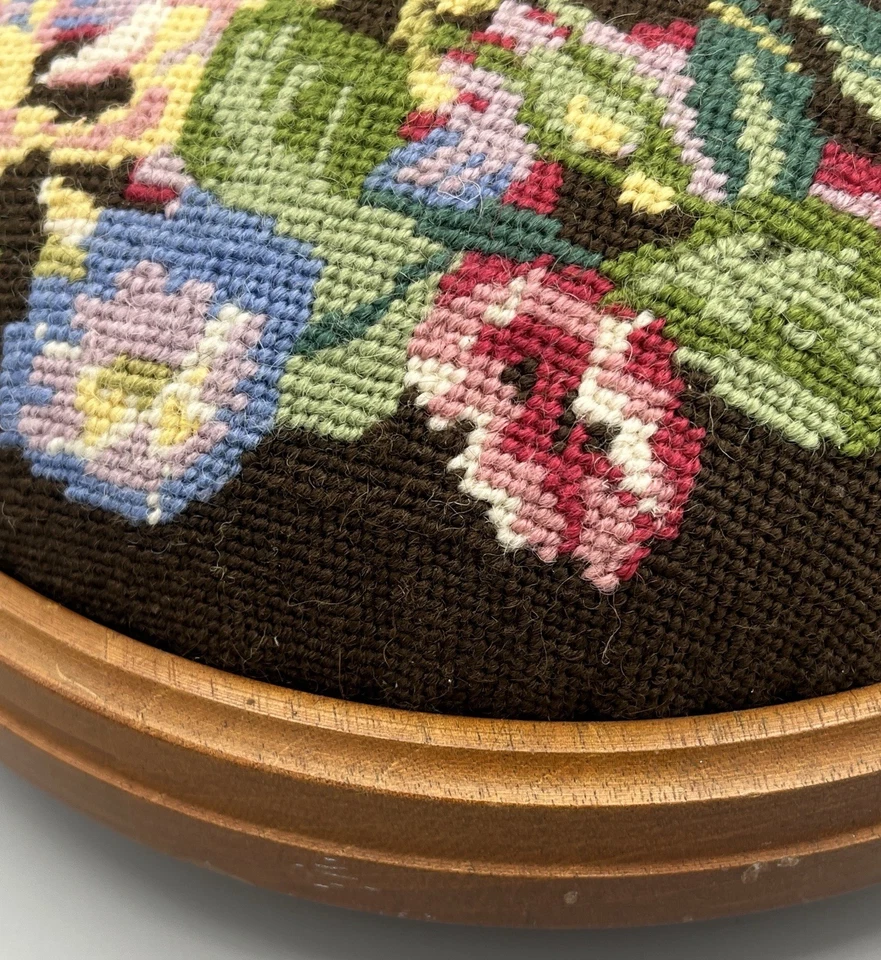 Vintage Wooden Foot Stool Round Embroidered Floral 26cm 10” Diameter - Image 3 of 4