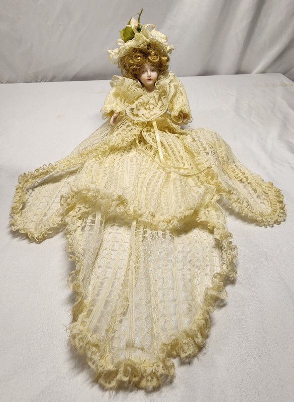 Porcelain Girl Shelf Doll 10 in Curly Blonde Hair Blue Eyes Lace Outfit Hat
