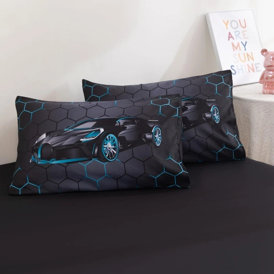 Conjunto de edredom para carro de corrida 5 peças tamanho duplo azul conjunto de roupa de cama para carro esportivo para menino 3 - Imagem 4 de 4