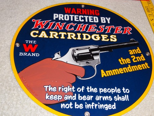 VINTAGE WARNING 2ND AMENDMENT WINCHESTER REVOLVER 11 3/4" PORCELAIN METAL SIGN