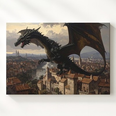Shadow Over The City Canvasblack Dragon Above Medieval Rooftops Wall Art