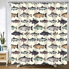 Fish Shower Curtain Blue Vintage Fishes Drawing 72"W x 72"L Pack of 1 14