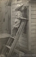 Boys Farmer Boy, Ralph, Painting Shed Original Vintage Real Photo Postcard RPPC