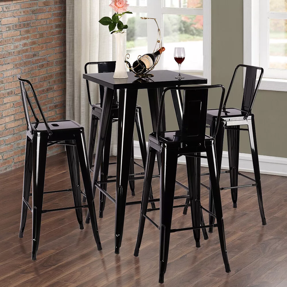 Dining Table Chairs Set Tall Compact Wooden Metal Kitchen Cafes Bar Furniture UK