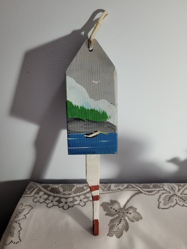 Vtg Wood Hand Painted Decorative W/ Lighthoue Lobster Crab Trap Buoy Float 10.5" - Picture 2 of 7