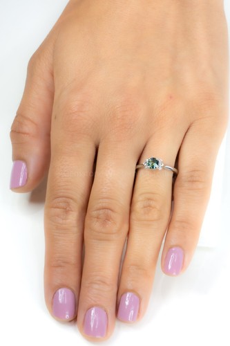 Unheated Teal Sapphire and Diamonds Ring in 14K White Gold - Picture 4 of 6