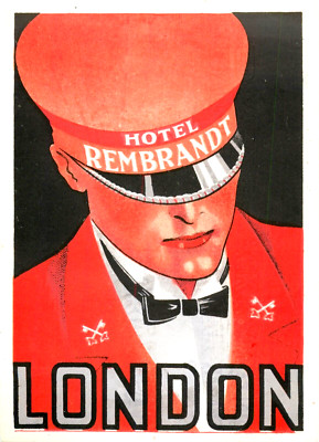Hotel Rembrandt ~LONDON~ Fantastic BELLMAN / ART DECO Luggage Label, c. 1935