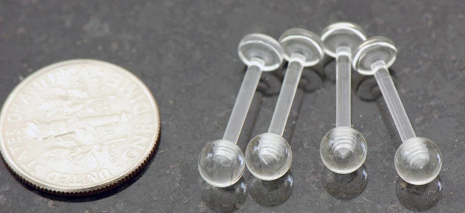 4 Pc Clear Acrylic 14g 1/2" SHORT LENGTH 4mm Ball Tongue Rings Retainer No Metal - Image 3 of 3