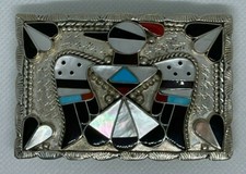 Zuni Native American Handmade Sterling Silver Thunderbird Inlay Belt Buckle