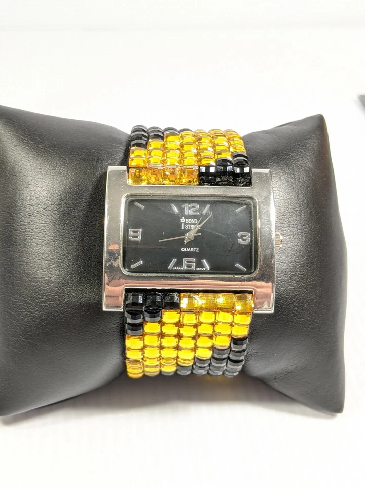 Прямоугольные часы Bond Street серебристого цвета с черным и золотистым хрустальным ремешком 7 дюймов - Изображение 2 из 4