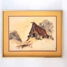 Virginia Dickens Mid-Century Modern Impressionist California Watercolor Barn Art