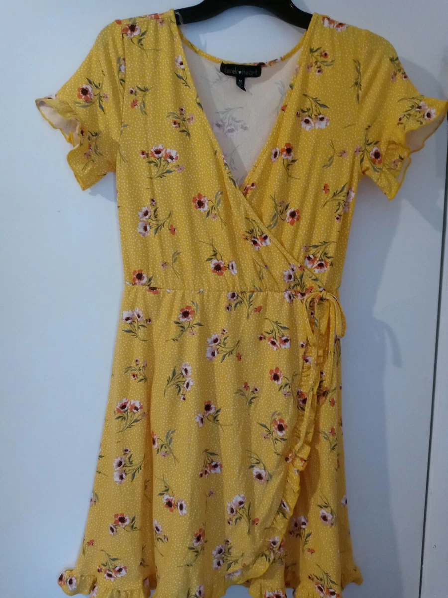 Derek Heart Juniors Yellow Color Floral V Neck Front Surplice Wrap
