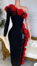 Black Beaded 3D Flower Bodycon Midi Dress One Shoulder Long Sleeve Party