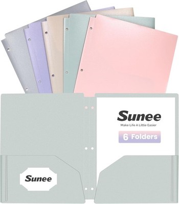 3 Hole Pocket Folders (6 Pack, Pastel Color), Plastic Pocket Folders for 3 Ring